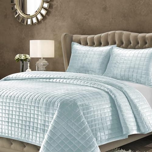 Tribeca Living Velvet Queen Quilt Set, Three-Piece Box Stitch Bedding Set Includes One Oversized Quilt & Two Sham Pillowcases, 260GSM Super Soft Velvet, Florence/Haze Blue
