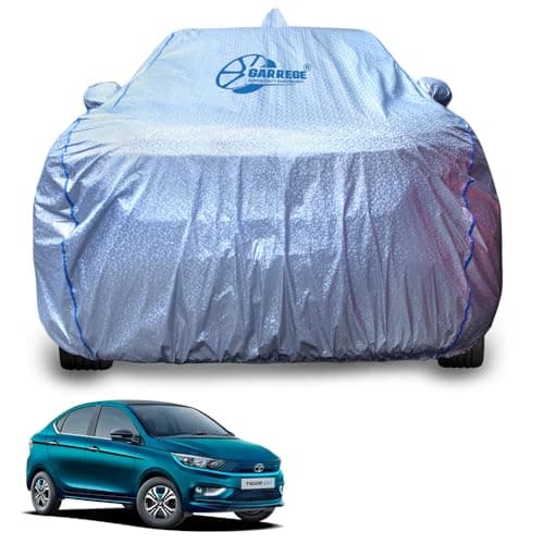 GARREGE Tata Tigor All Models Car Body Cover Waterproof with Side Mirror&Back Antenna Pocket&Soft Inner Cotton for Car(Elacstic in Four Places Triple Stitched)(Metallic Silver Blue Piping Style