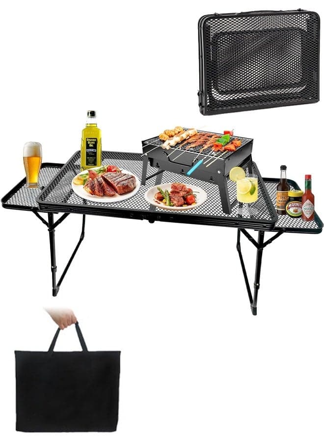 Small Low Camping Table with 2 Wing Panels Folding Low Picnic & Outdoor Table with 2 Shelves Lightweight & Easy Carry for Beach Fishing Sturdy Steel Mesh Top