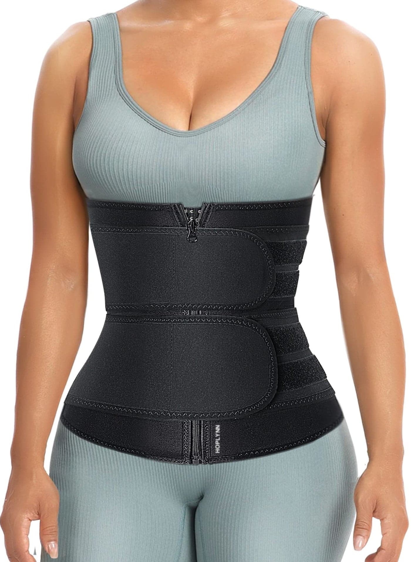 HOPLYNN Sweat Waist Trainer for Women Two Belts, Neoprene Workout Corset Waist Trainer Cincher Trimmer Shaper Zipper Black Large