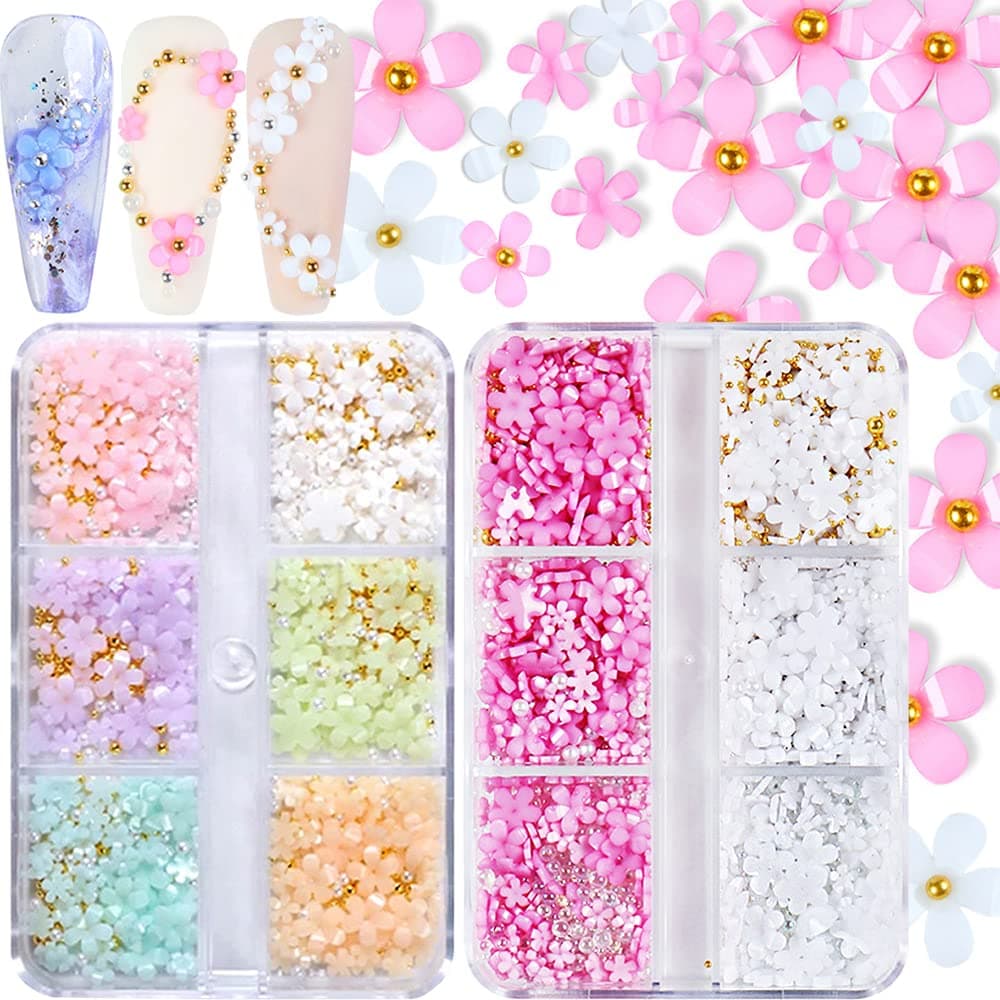 3D Flower Nail Charms 2 Boxes 3D Acrylic Flower Nail Art Charms and Gems White Pink Mixed Cherry Blossom Spring Rhinestones Acrylic Nail Supplies with Pearls Manicure DIY Nail Decorations