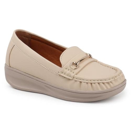 KRAFTER Chunky Slip-On Casual Comfort, Trendy Style, Easy Wear Loafers for Women & Girls-Beige-M047-40