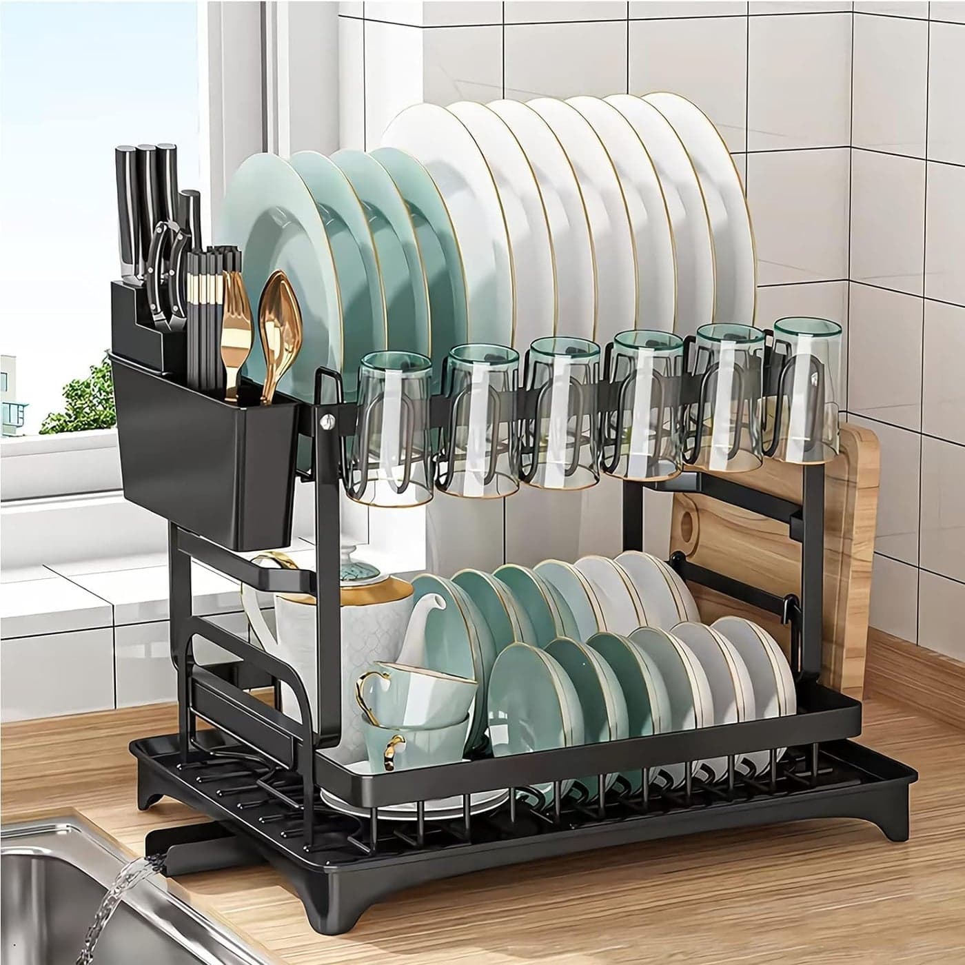YHK TRADEMART Metal Yhk Dish Rack for Kitchen Counter Dish Drying Racks with Drainboard 2 Tier Dish Drainer Rack and Utensil Holder 32 x 8 x 8 Centimeters Black Black