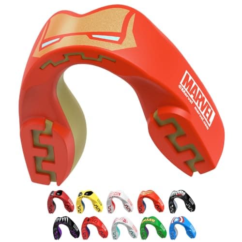 Marvel Iron Man Metallic Mouth Guard Dual Layer Mouthguard for Adults with Case Easy Fit Remoldable Mouthpiece for Football Boxing Lacrosse MMA All Contact Sports Adult 12 Years Red