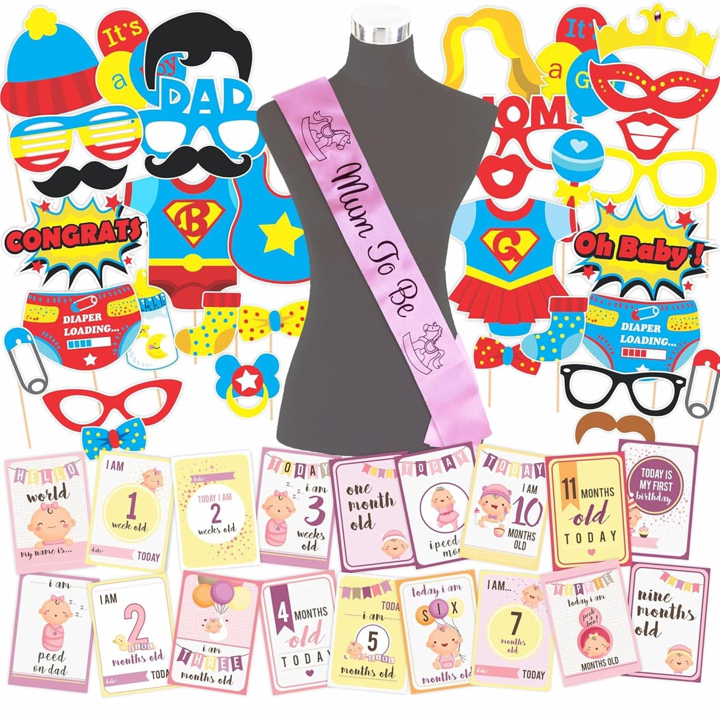Wobbox Baby Shower Decoration Items| Baby Shower Ceremony Photo Booth Props for Photoshoot, Milestone Crad& Mom to Be Sash, Godh Bharai Ceremony Decoration Kit-(FP624)