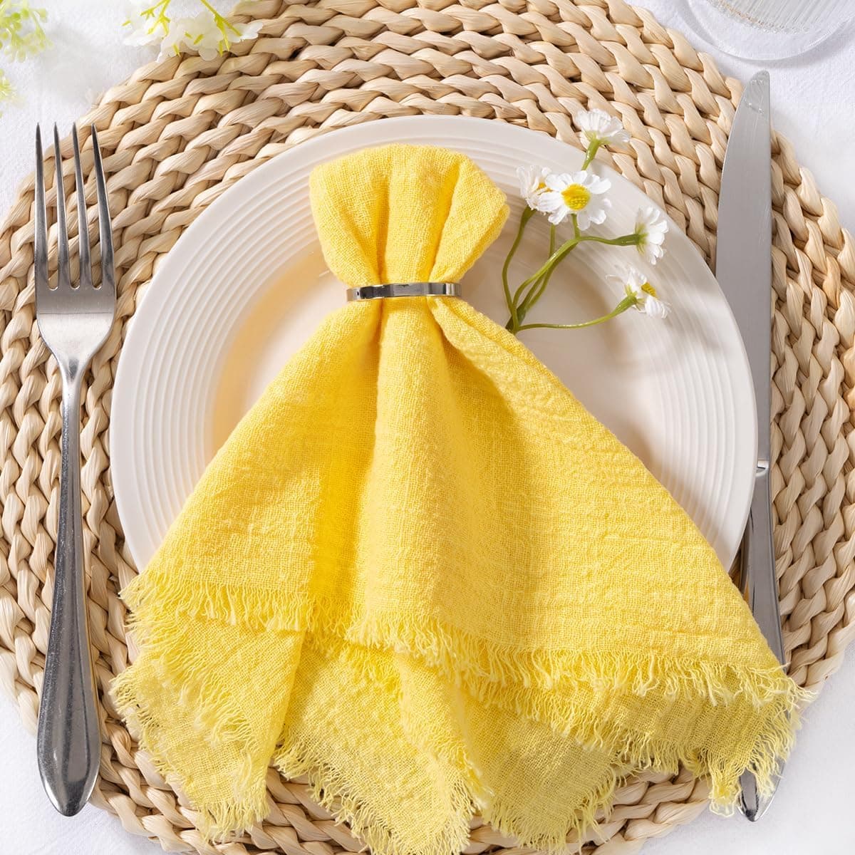 MLMC 10 Pack Yellow Linen Napkins Boho Washable Cloth Napkins with Fringe Reusable Rustic Gauze Dinner Table Decor 1717 for Wedding Party Bridal Baby Shower Spring Decor