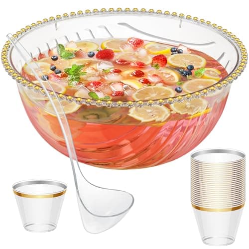 NiHome Large Plastic Punch Bowl with Ladle and 25 GoldRimmed Cups for Wedding Birthday BBQ Baby Shower Holiday 17 Gallon Reusable Clear Party Bowl Set for Drinks Salads Snacks More