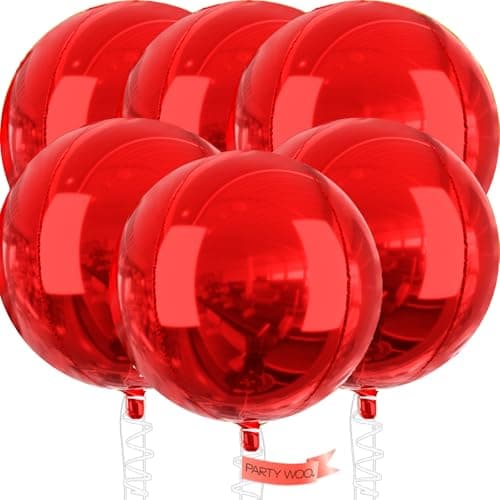PartyWoo Red Foil Balloons 6pcs 32 Inch Large Round Foil Big Giant 4D Jumbo Inflatable Mirror Ball Mylar Balloons for Graduation Birthday Anniversary Casino Cherry Citizenship Party Decorations