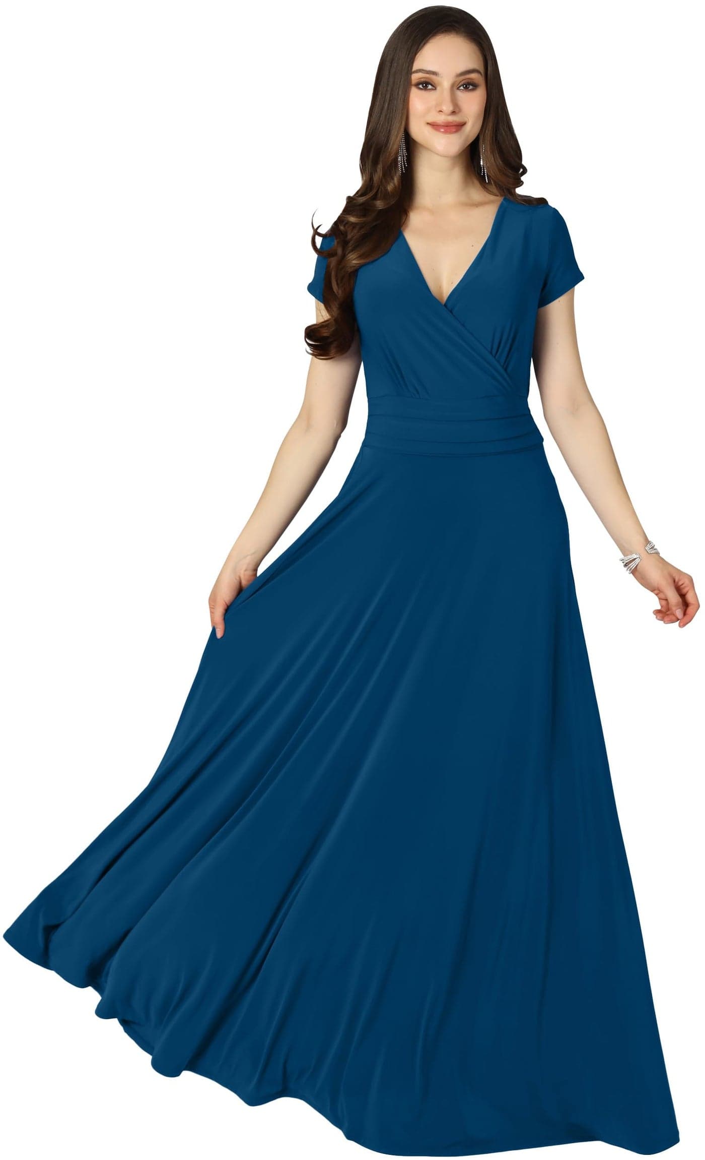 KOH KOH Women’s Long Cap Short Sleeve Flowy Cocktail Semi Formal Prom Gala Black Tie Bridesmaid Wedding Guest Work Dressy Tall Gown Gowns Maxi Dress Dresses, Capri Blue L 12-14