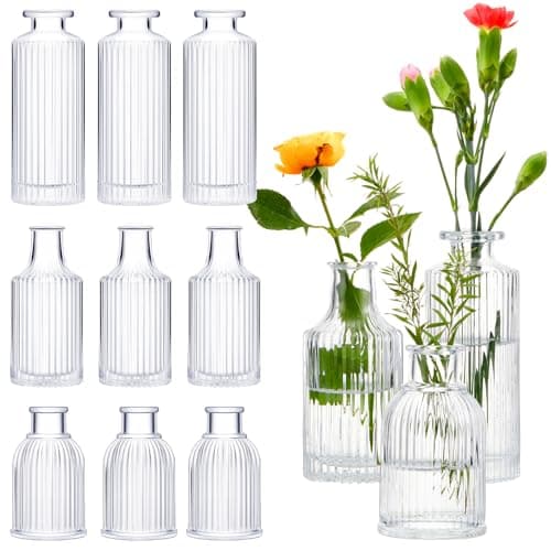 Ninehaoou 12 Sets Mini Small Vases for Flowers Bulk Glass Ribbed Bud Vases Set for Centerpiece Table Decorative Wedding Reception, Housewarming Gift Holiday Christmas