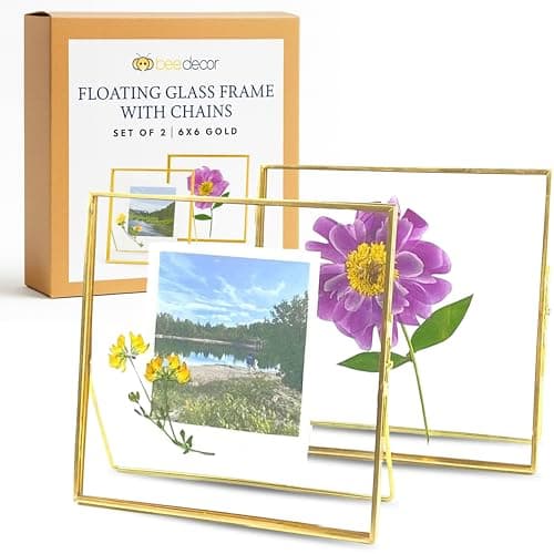 Beedecor Double Glass Frame for Pressed Flowers, Leaf and Artwork,Gold 6x6 Standing Square Metal Picture Frames, Set of 2 Pressed Flower Frames with Stand (Gold, 6x6)