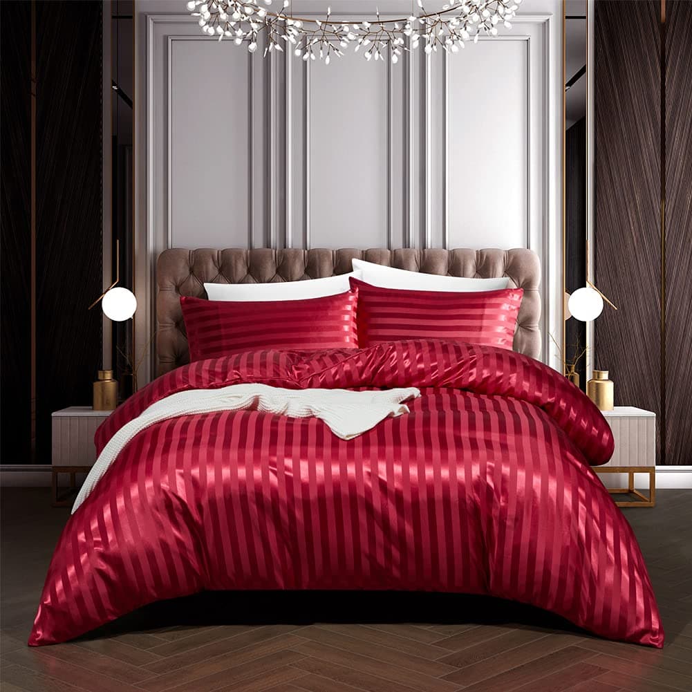 RevenRella 3 Piece Satin Duvet Cover Set Bedding Sets Italian Style 1800 Series Luxury Rich Silk Silky Super Soft Stripes Hidden Zipper Closure Reversible Wrinkle Free HoneymoonBurgundy King