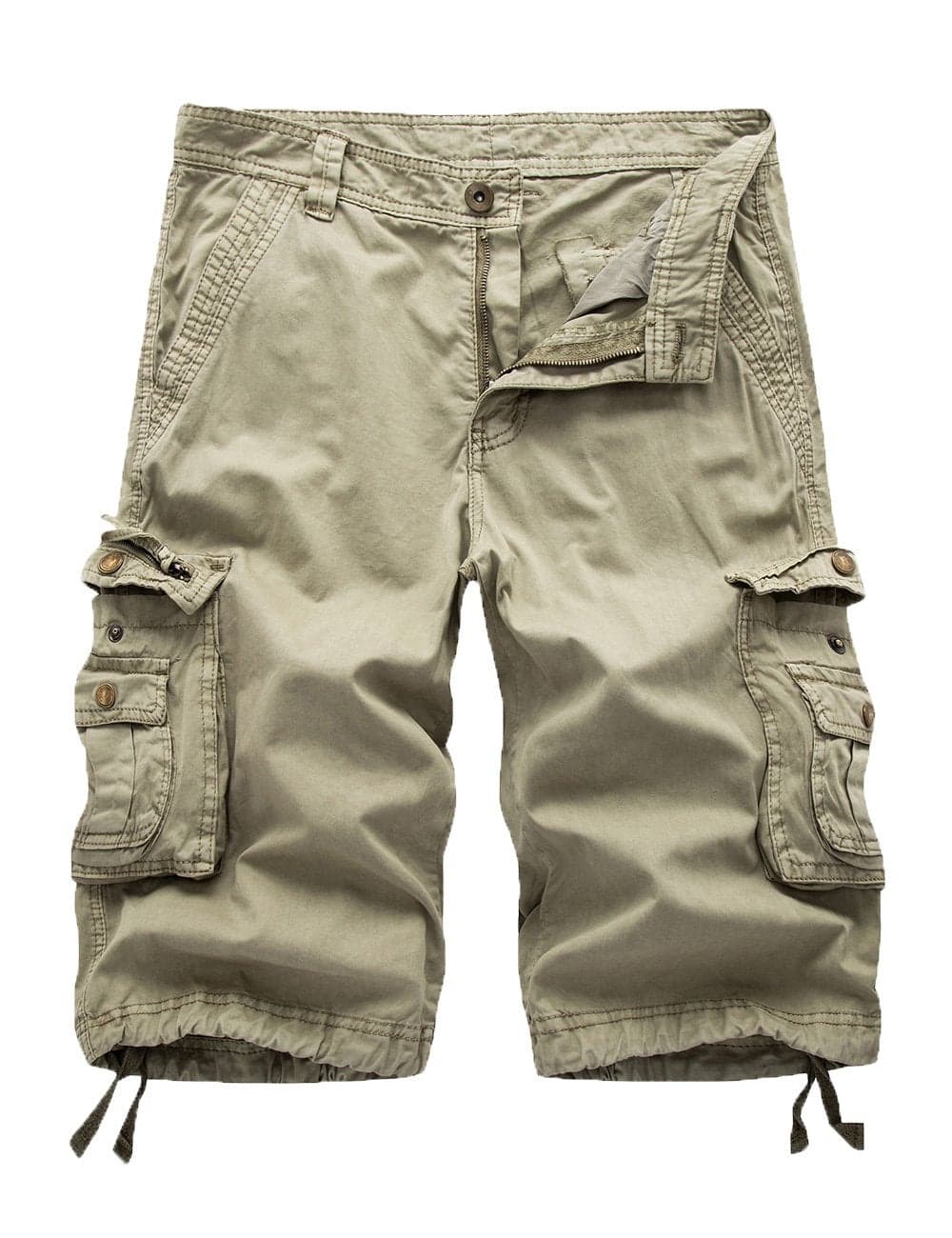 FOURSTEEDS Women's Cotton Loose Fit Zipper Multi-Pockets Twill Bermuda Drawstring Women Cargo Shorts Khaki US 14