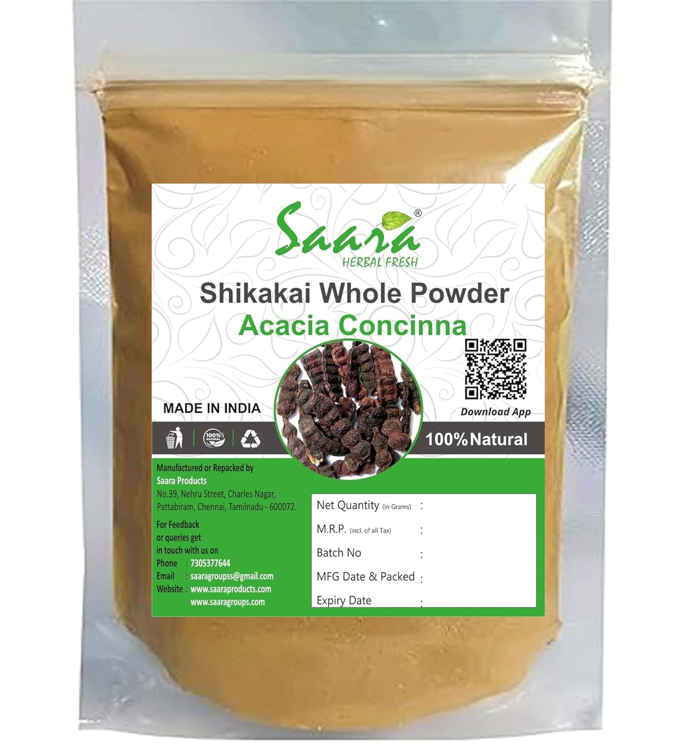Saara HERBAL FRESH Shikakai Powder 800g Shika Seeuakkai Soap pod Acacia concinna Seekaaya Powder For Hair Skin transparent zipper pouch pack of 8 x 100g