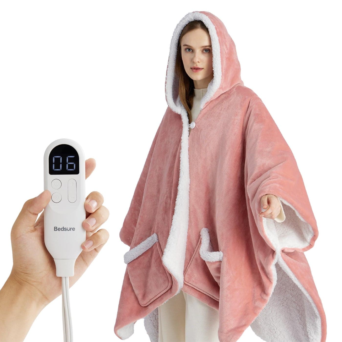 Bedsure Heated Blanket Wearable Shawl Electric Wrap Poncho Blanket Hoodie for Adult Winter Gifts for Mom Women Girlfriend Warm Sherpa Heating Throw Auto Shut Off 55x64 inches Pink
