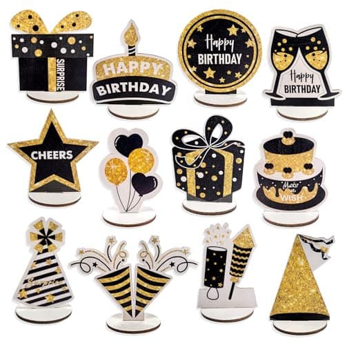 Happy Birthday Table Decorations Centerpieces 12Piece Black Gold Wooden Glitter Party Decor Set Elegant Reusable Birthday Supplies for Men Women Kids