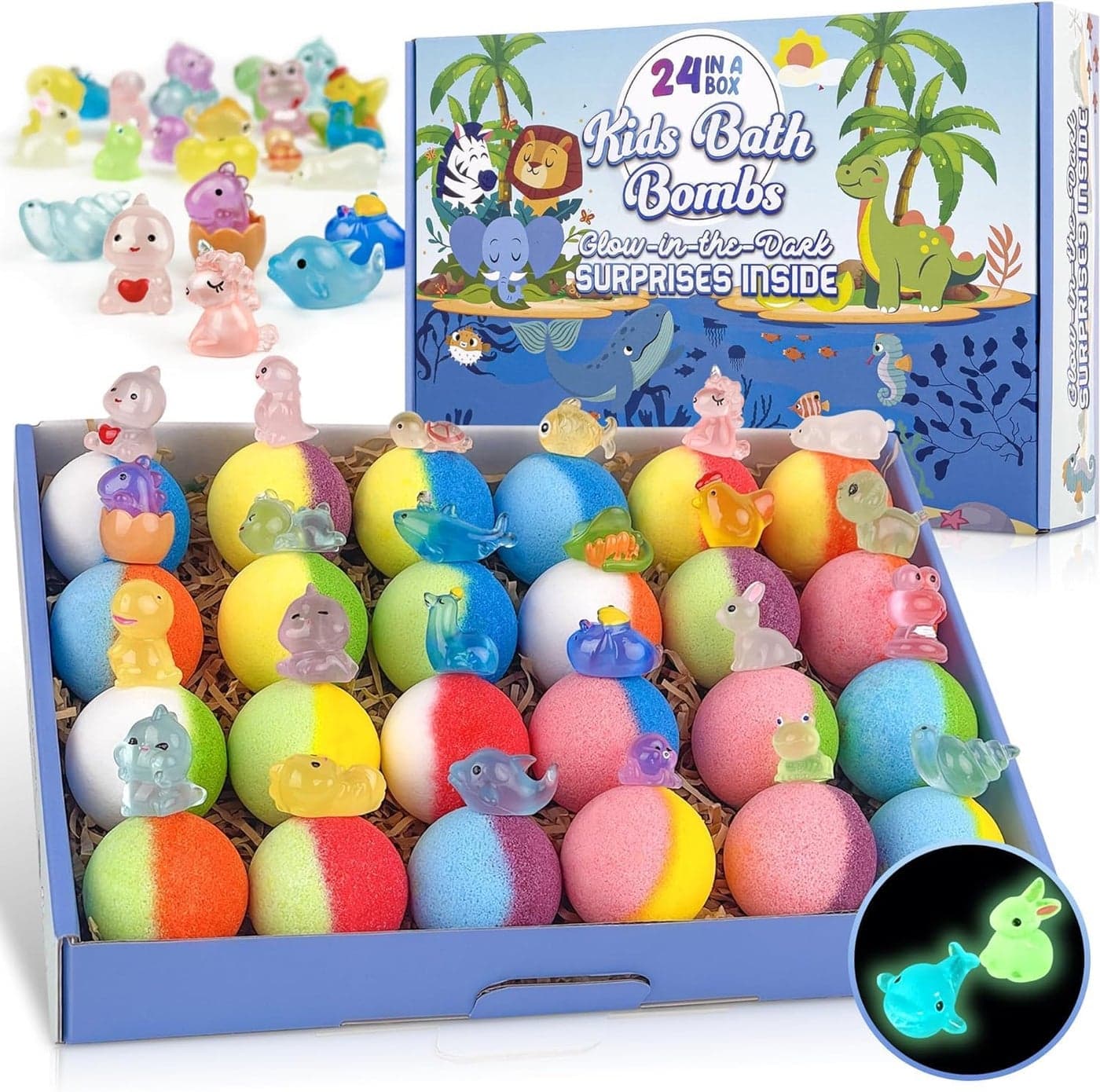 Bath Bombs for Kids 24pcs Bath Bombs with Glow in The Dark Surprise Toy Inside Natural and Organic Colorful Bubble Bath Fizz Perfect Birthday Party Or Easter Gift for Boys and Girls