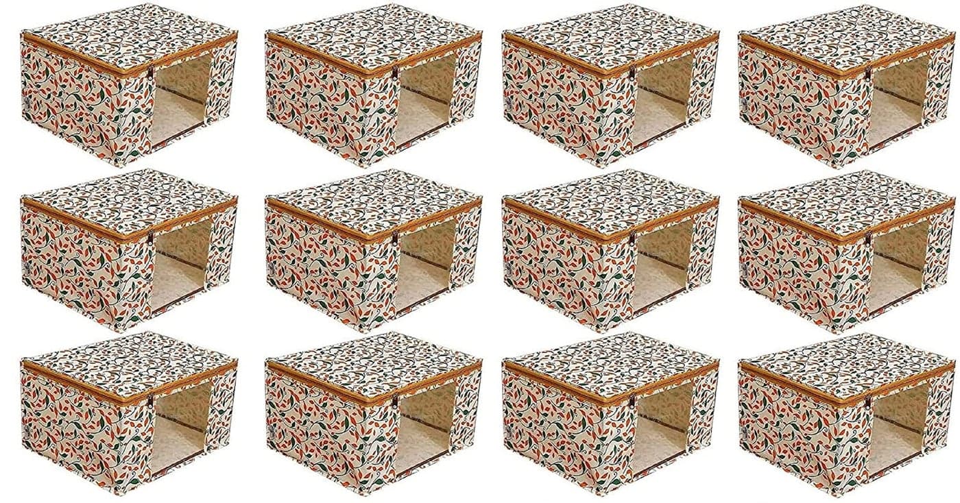 Acnos Non-Woven Premium Brand Metalic Green Orange Beige Design Yellow Chain 12 Piece Non Woven Large Size Saree Cloth Cover Set Pack Of 12