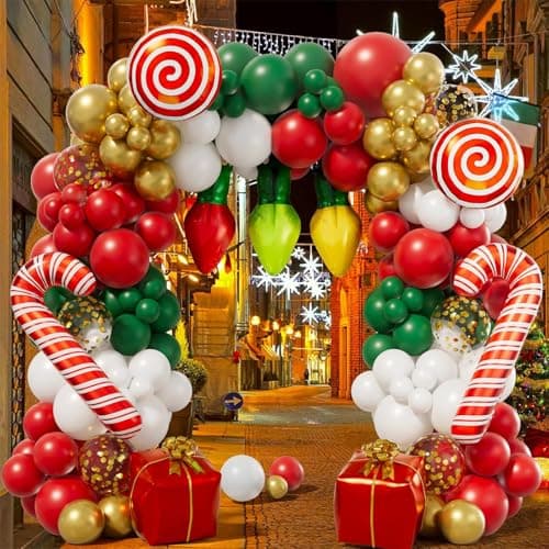 CboDeco Christmas Balloon Arch Kit 153PCS Red Green White Gold Balloons Garland with Candy Cane Gift Box Light Bulb Foil Balloons Merry Christmas Party Decorations for Holiday
