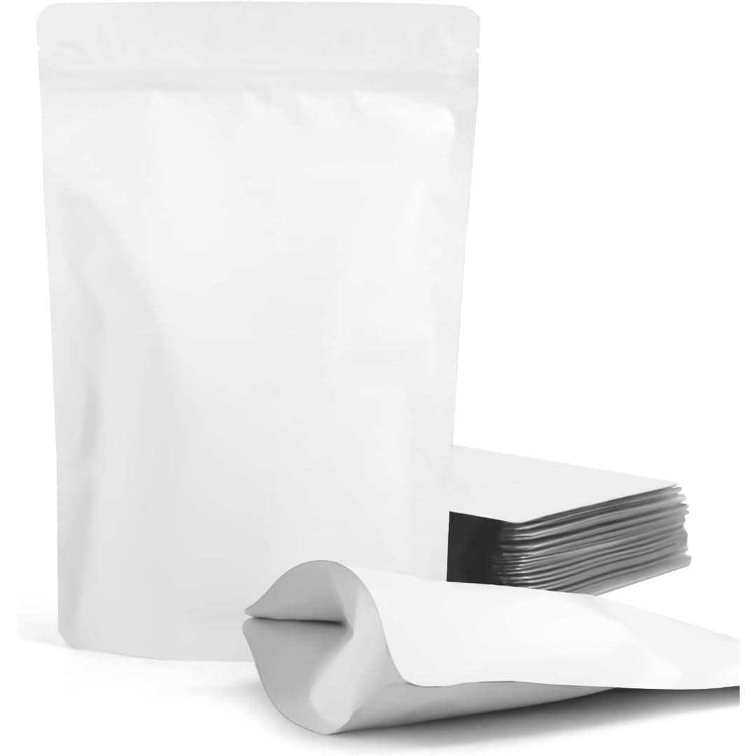 Adaamya 50 Pcs Matt White Stand Up Ziplock Reusable Polyester Storage Pouch Without Transparent Window for MultiPurpose Storage 400 gm