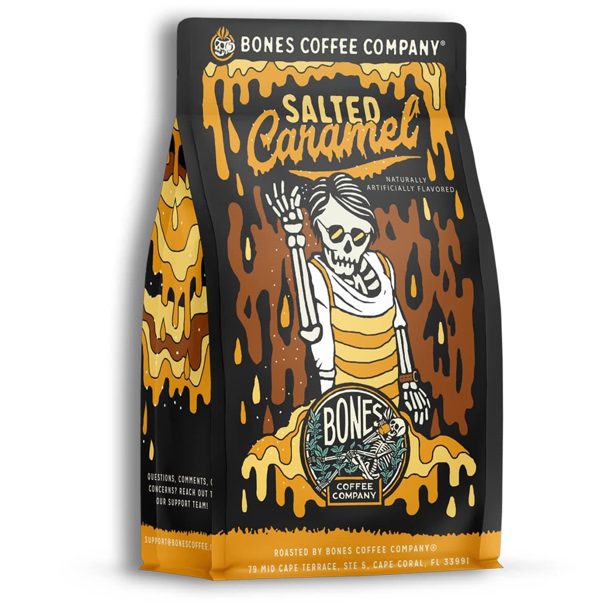 Bones Coffee Company Salted Caramel Flavored Coffee Beans, Whole Bean Coffee Medium Roast Low Acid, Salted Caramel Flavor (12 oz)