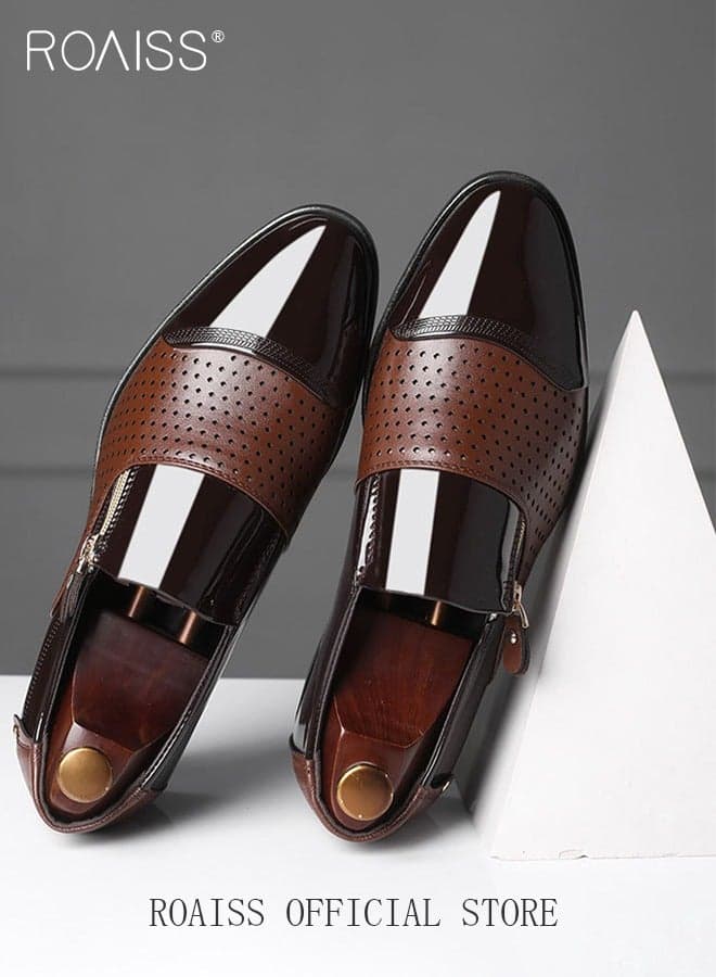 Men's Business Breathable Perforated Leather Shoes Fashion Versatile Pointed Formal Flat Shoes Side Zipper Patent Leather Anti Slip Leather Shoes Slip-On Comfortable Low-Heeled Shoes Brown