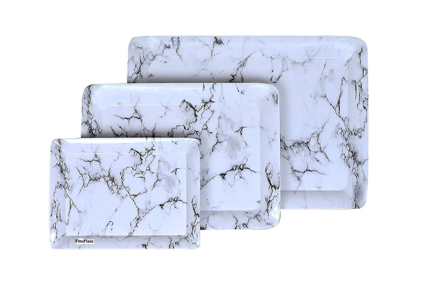 CARTVILLA Marble Printed Black Melamine Serving Tray for Kitchen Dining Serving and Desk Tray Set Small Medium Large Pack of 3