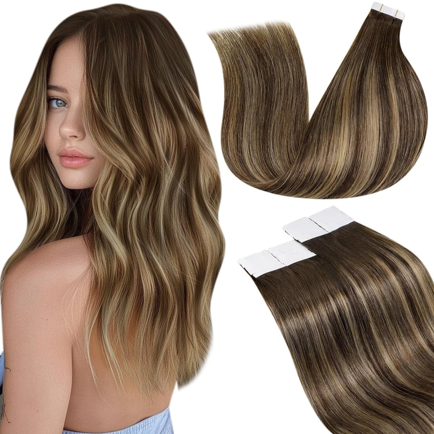 LaaVoo Tape in Hair Extensions Human Hair Ombre Brown Tape in Extensions Remy Human Hair Extensions Tape in Ombre Brown to Caramel Blonde with Brown 18 Inch 20pcs 50g