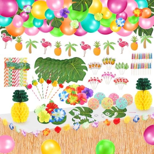 165PCS Hawaiian Luau Party Decoration Tropical Beach Party Decorations with Balloons Aloha Party Decor Summer Pool Party Supplies with Hawaii Table Skirt