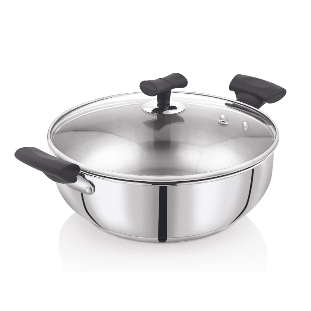 DONIV Solitaire Stainless Steel Sandwich Bottom Kadai with Glass Lid 26 cm4 LTR Capacity Heavy Bottom Cool Touch Bakelite Handles Cookware Kadai Induction Friendly 5 Years Warranty Pack of 1