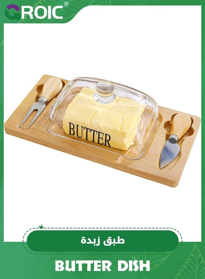 er Dish with Glass Lid, Bamboo Base, Square Clear er Dish with Handle,er Keeper Saver with Cover for Table, Kitchen Countertop,er Keeper Container Storage with Double Knife