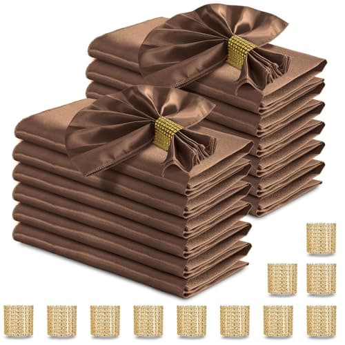 RUDONG M 100 Pcs Chocolate Brown Satin Napkins and Napkin Rings Set 17 x 17 Inch Square Cloth Napkins Set of 50 Silky Soft Table Napkins Bulk for Weddings Banquet Parties Dinner Decoration