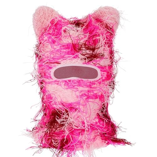 Newcotte Pink Distressed Balaclava Cat Ear Ski Mask Shiesty Knitted Beanie Full Face Mask Furry Winter Neck Warmer for Men Women