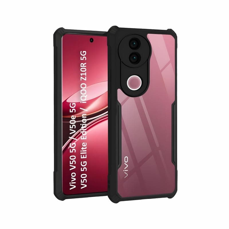 AIBEX® Compatible for Vivo T4R 5G / iQOO Z10R 5G / Vivo V50e 5G / Vivo V50 5G Mobile Back Case Cover, Crystal-Clear Shockproof Bumper with Camera Guard |TPU+PC| Anti-Yellow, Slim Transparent – Black