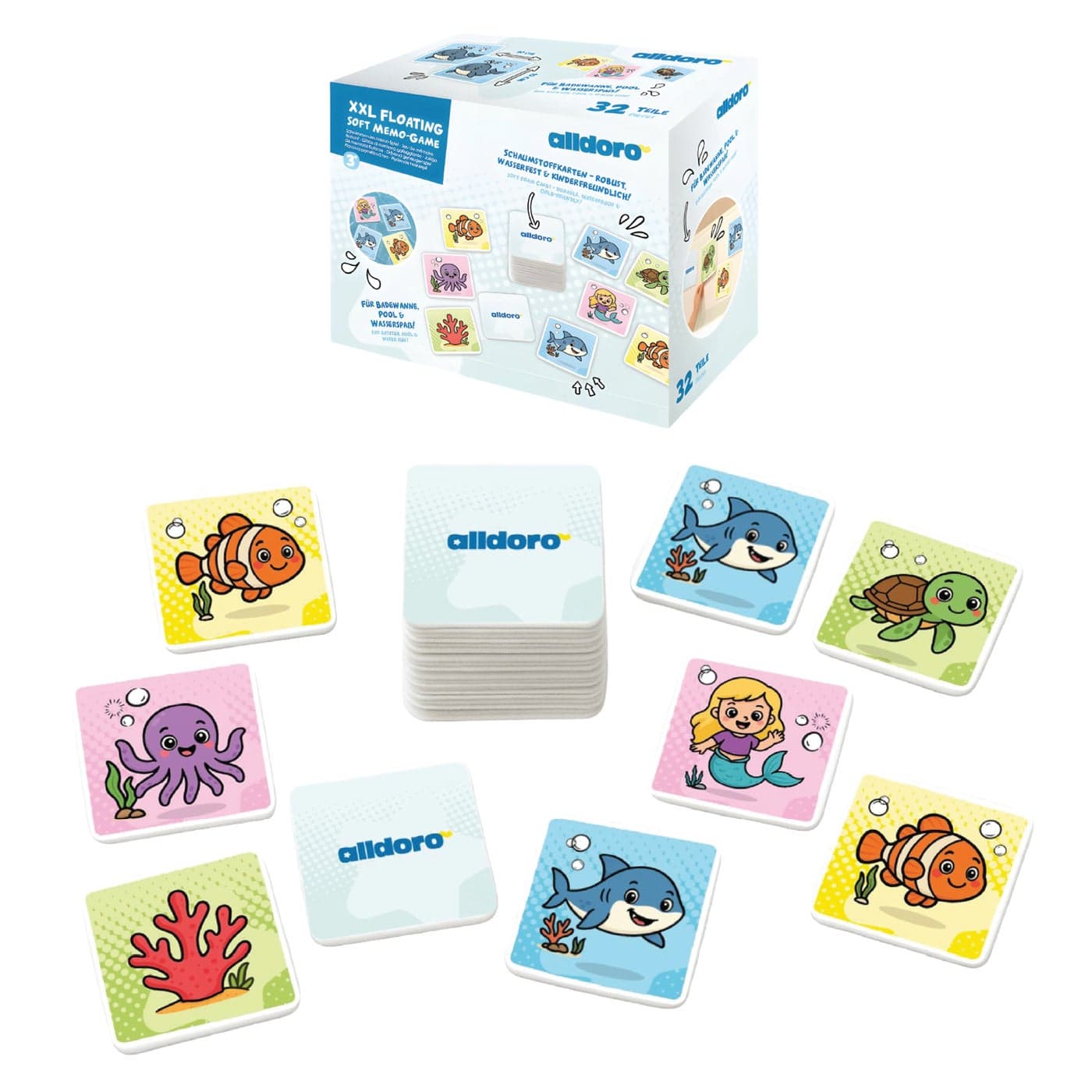 alldoro XXL Floating Soft Memo Bath Game 33 Pieces | EVA Foam Cards | 10x10cm | Sticks to Wet Surfaces | Waterproof Memory Match for Kids Age 3+