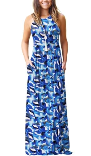 GRECERELLE Women's Summer Sleeveless Casual Long Tank Maxi Dress with Pockets, Flower Blue Ink White, XL