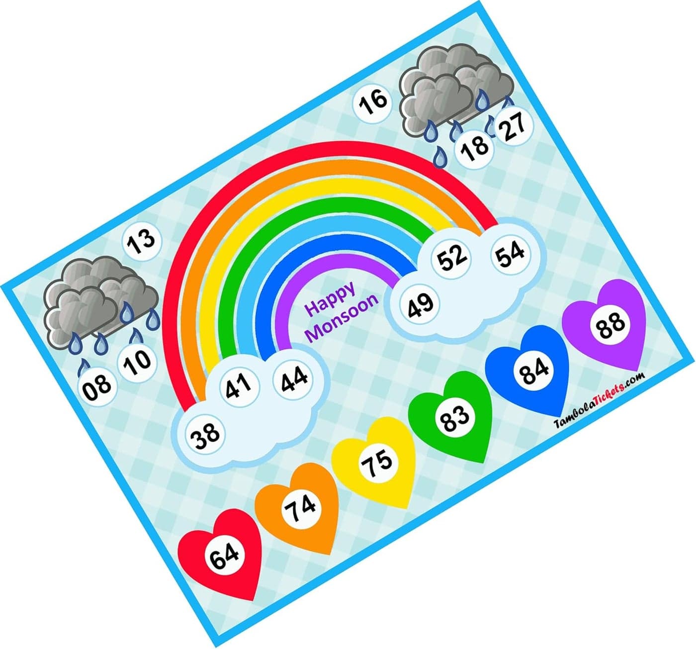 TambolaTicketscomHappy Monsoon Hearts and Clouds Theme tambola Tickets Bingo housie lotto Printed on Hard Sheet Big Size Tickets 160 Cards