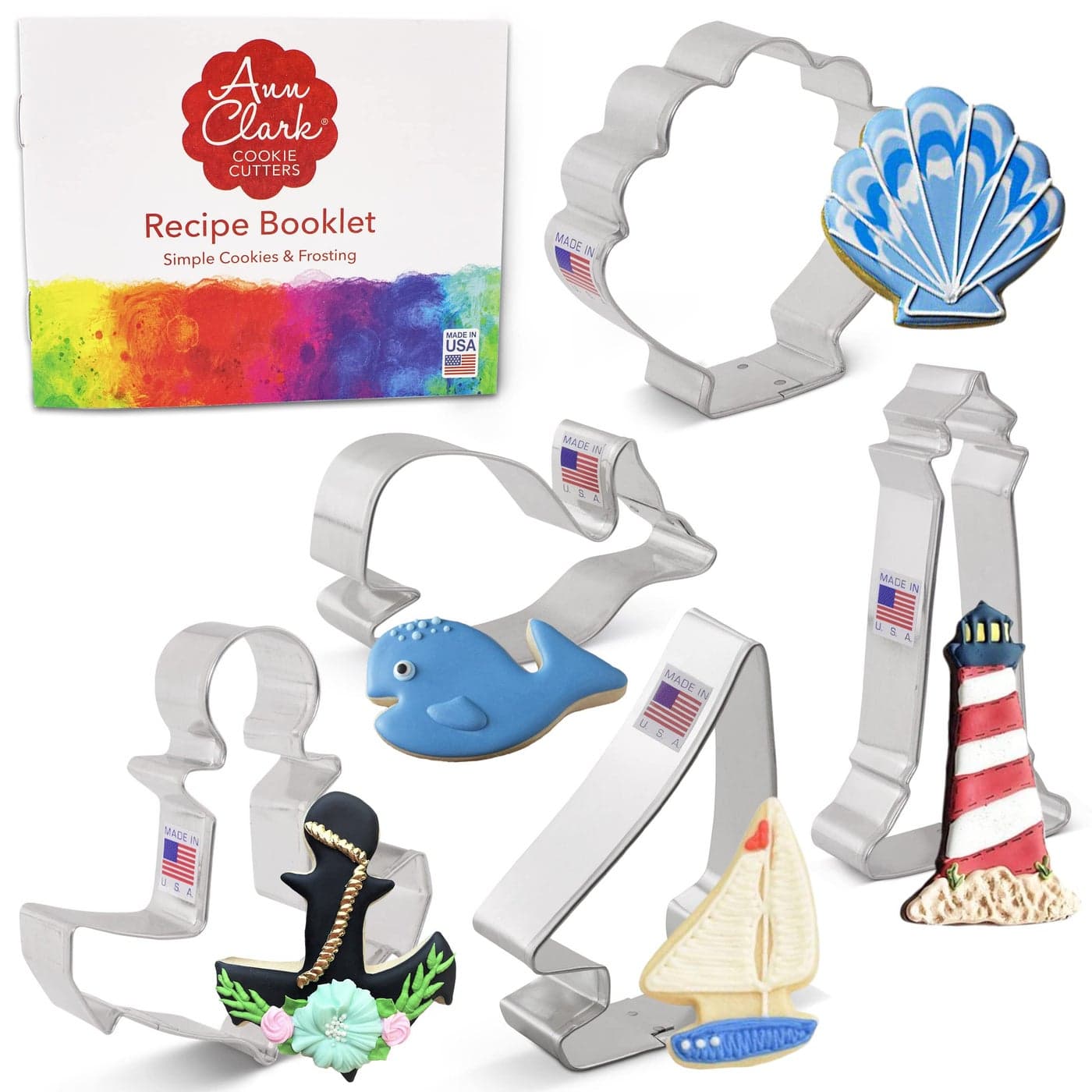 Nautical Ocean Cookie Cutters 5Pc Set Made in USA by Ann Clark Anchor Sailboat Lighthouse Seashell Whale