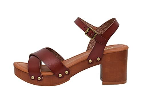 CUSHIONAIRE Slate Faux Wooden Heel Sandal, Comfortable Platform Sandals with Chunky Heels for Women Wide Widths Available,WHISKEY 8