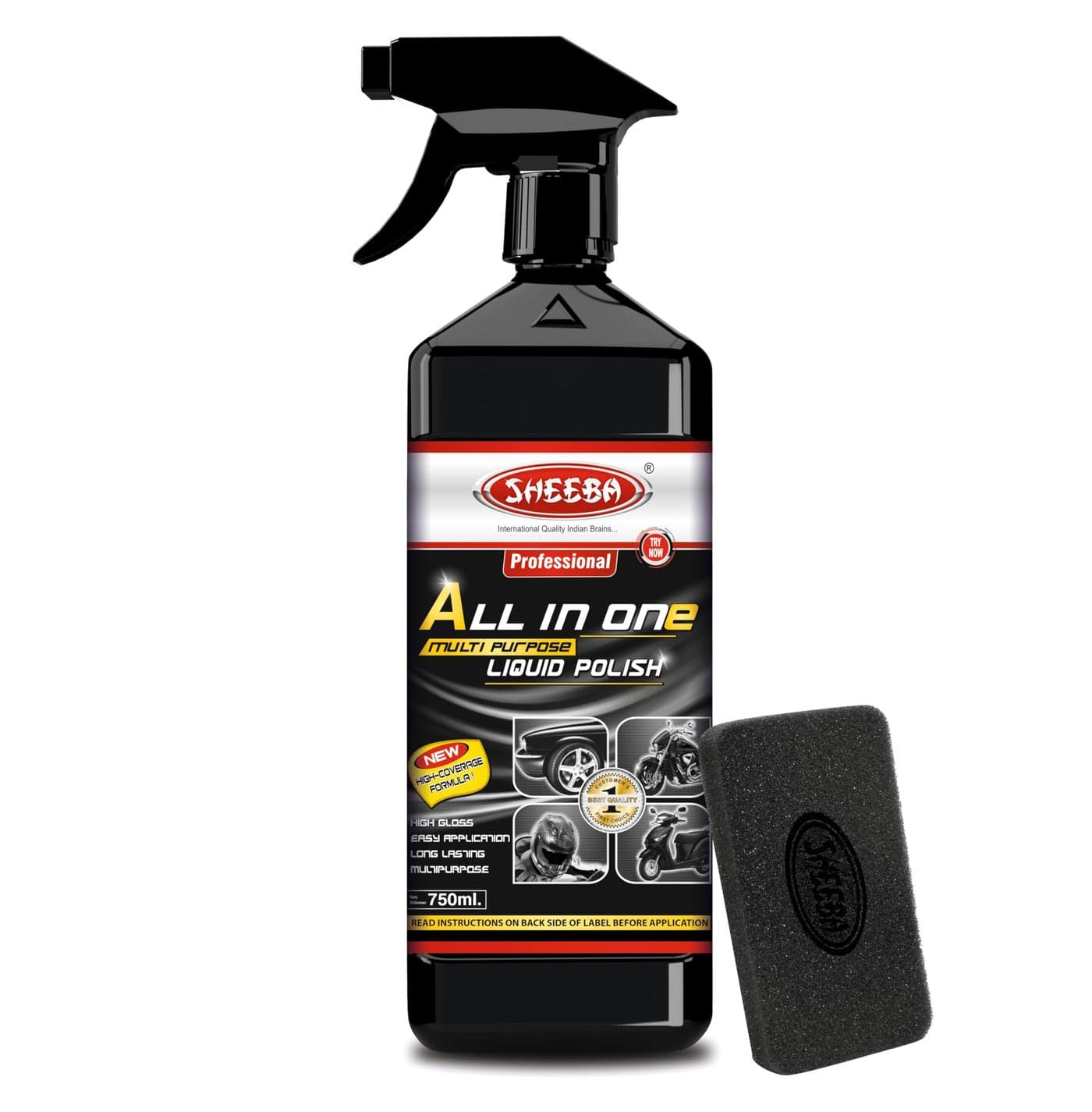 SHEEBA All in One Multipurpose Liquid Polish for Car, Motorbike, Scooter, Household, Office Care | High Gloss | Easy Application | For Interior & Exterior Surfaces -750mL with Applicator Pad.