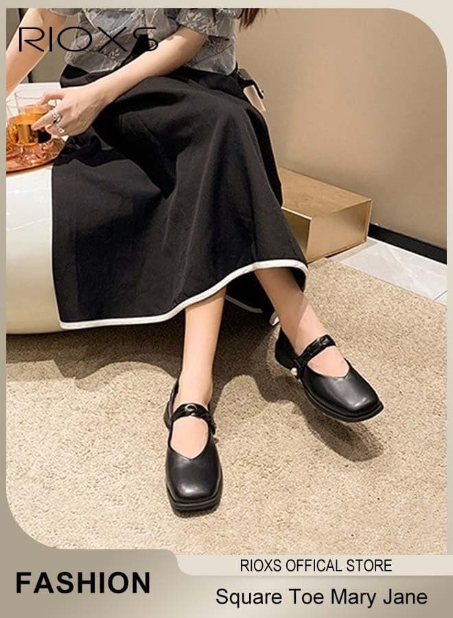 Women's Mary Jane Flats, Closed Square Toe Ballet Flats, Ladies Flat Loafers, Fashion Versatile Slip-On Shoes, Ladies Dress Shoes, Classic Ballerina Shoes for Women, Comfortable Casual Business Work Shoes, Black Leather Shoes Womens Footwear