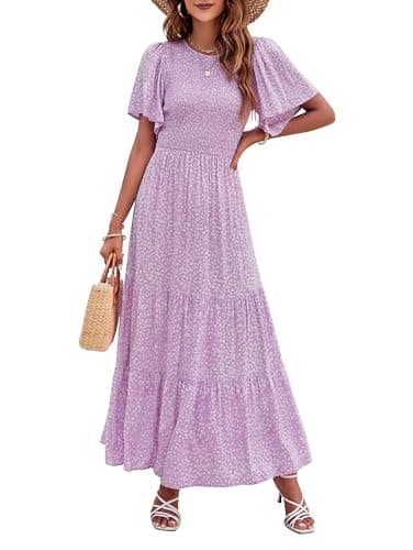 ZESICA Women's 2025 Summer Casual Floral Print Short Flutter Sleeve Crew Neck Smocked High Waist Flowy Maxi Dress,Purple,X-Large