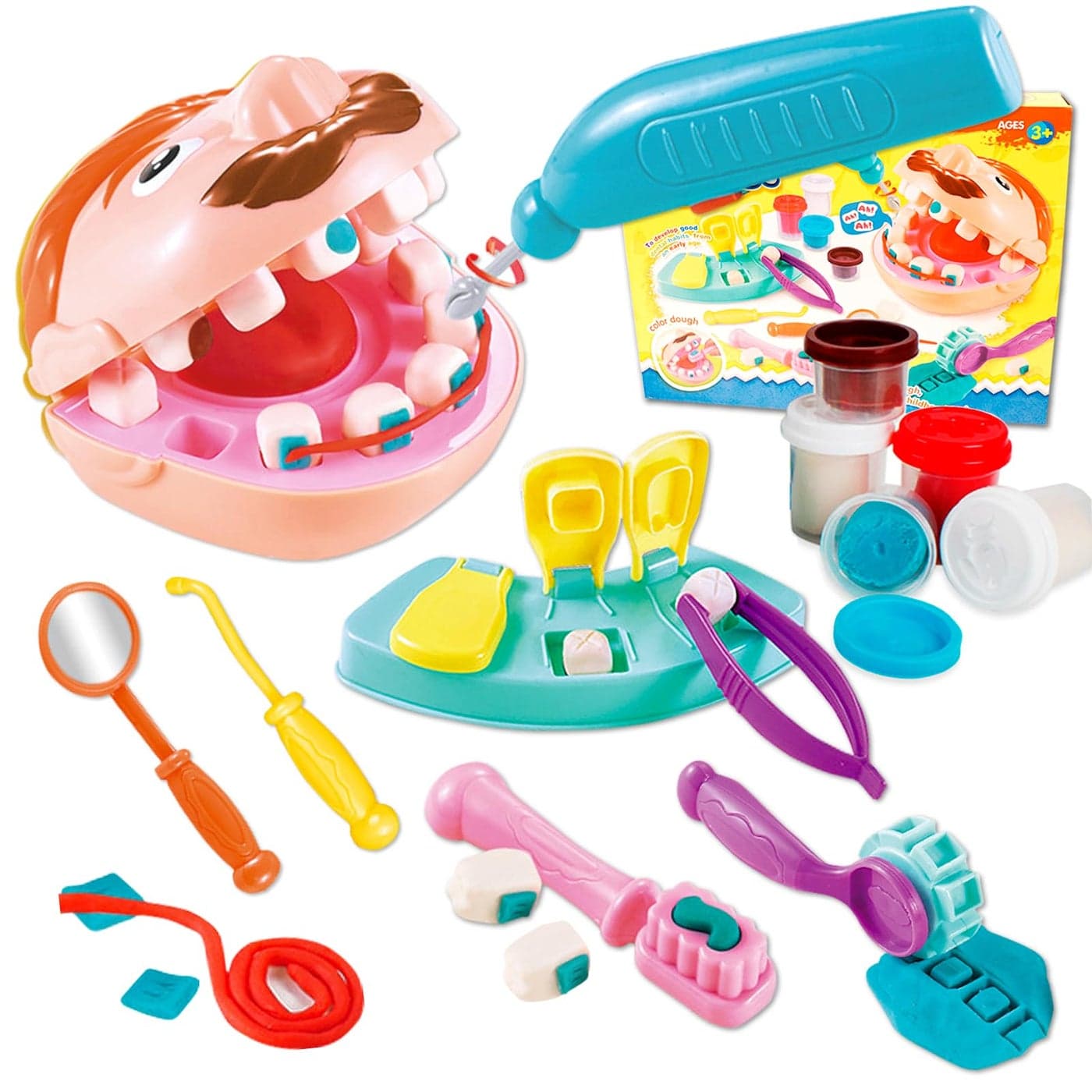 Crelloci Dentist Color Dough Set, Dental Tools Kit Drill and Fill, Doctor DIY Playset Toys for Kids Toddlers 3 Years and Up, Art & Craft Gift with Moulds, Models, 5 Non-Toxic Color