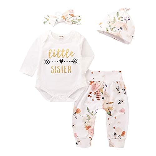 BOEBNOZCV 4Pcs Infant Girl Outfits Baby Sister Bodysuit Tops Floral Leggings Pants Set Bowknot Headbands Newborn Clothes (Little Sister,0-3 Months)