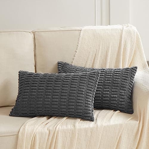 Fancy Homi 2 Packs Dark Grey Decorative Throw Pillow Covers 12x20 Inch for Living Room Couch Bed Sofa, Rustic Farmhouse Boho Home Decor, Soft Striped Corduroy Square Cushion Case 30x50 cm