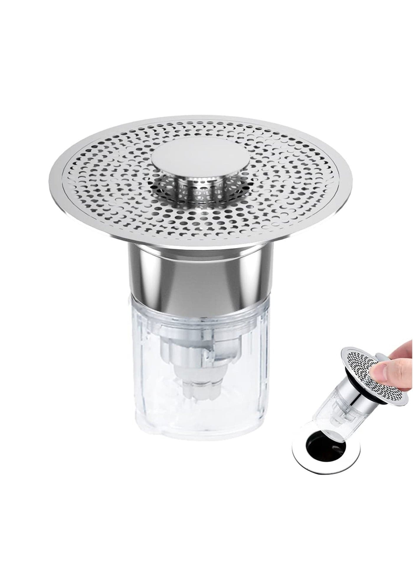 Sink Stopper, Anti-odour Pop Up Sink Bath Plug Replacement Stainless Steel with Strainer, Push Down Bathroom Plugs for Wash Basins with 2 Rubber Washers for 30-40mm Hole