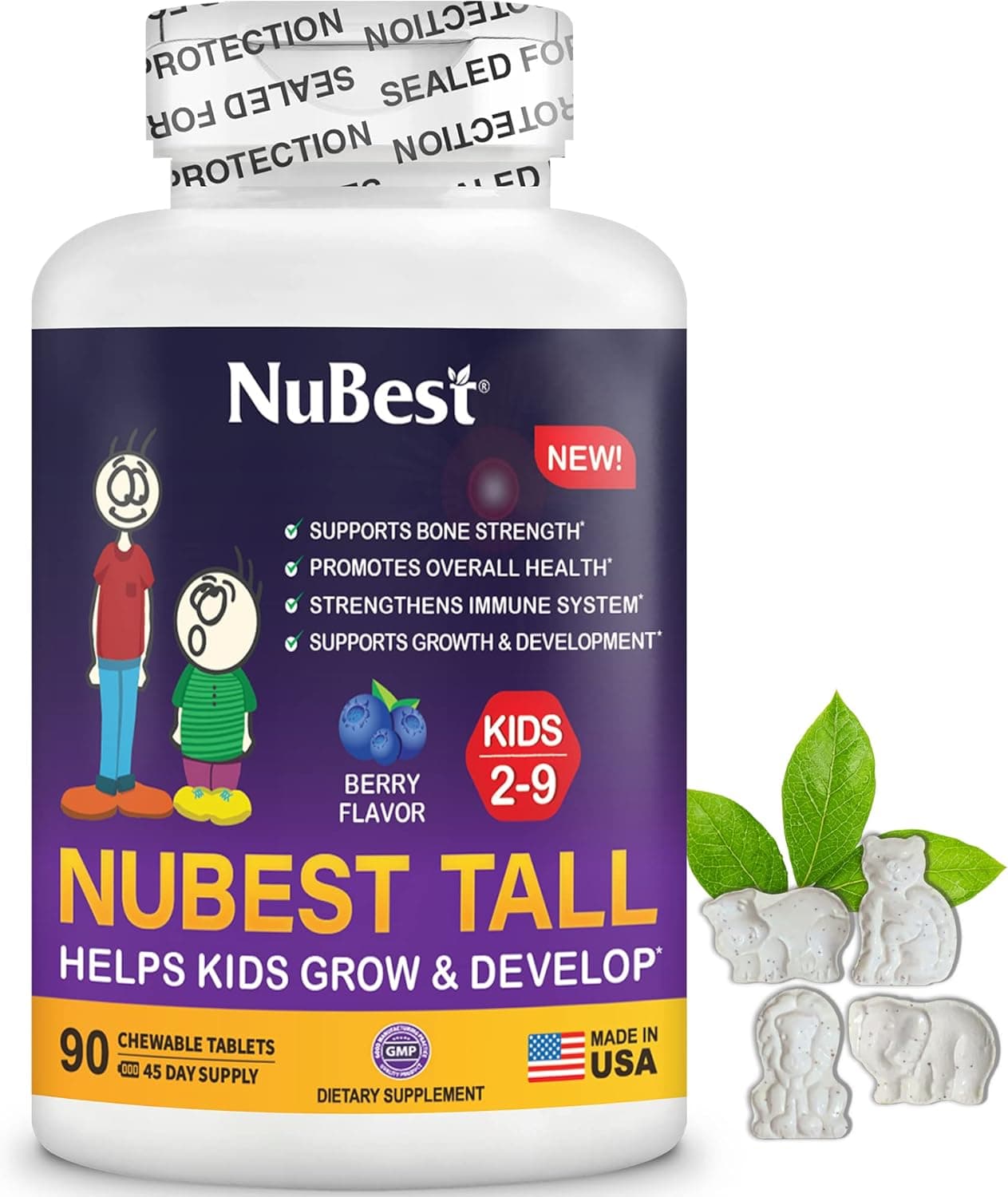 NuBest Tall Kids Toddlers Vitamins and Kids Vitamins for Age 2 to 9 Support Bone Strength Overall Health and Immunity Animal Shapes 90 Chewable Berry Tablets 6 Weeks Supply