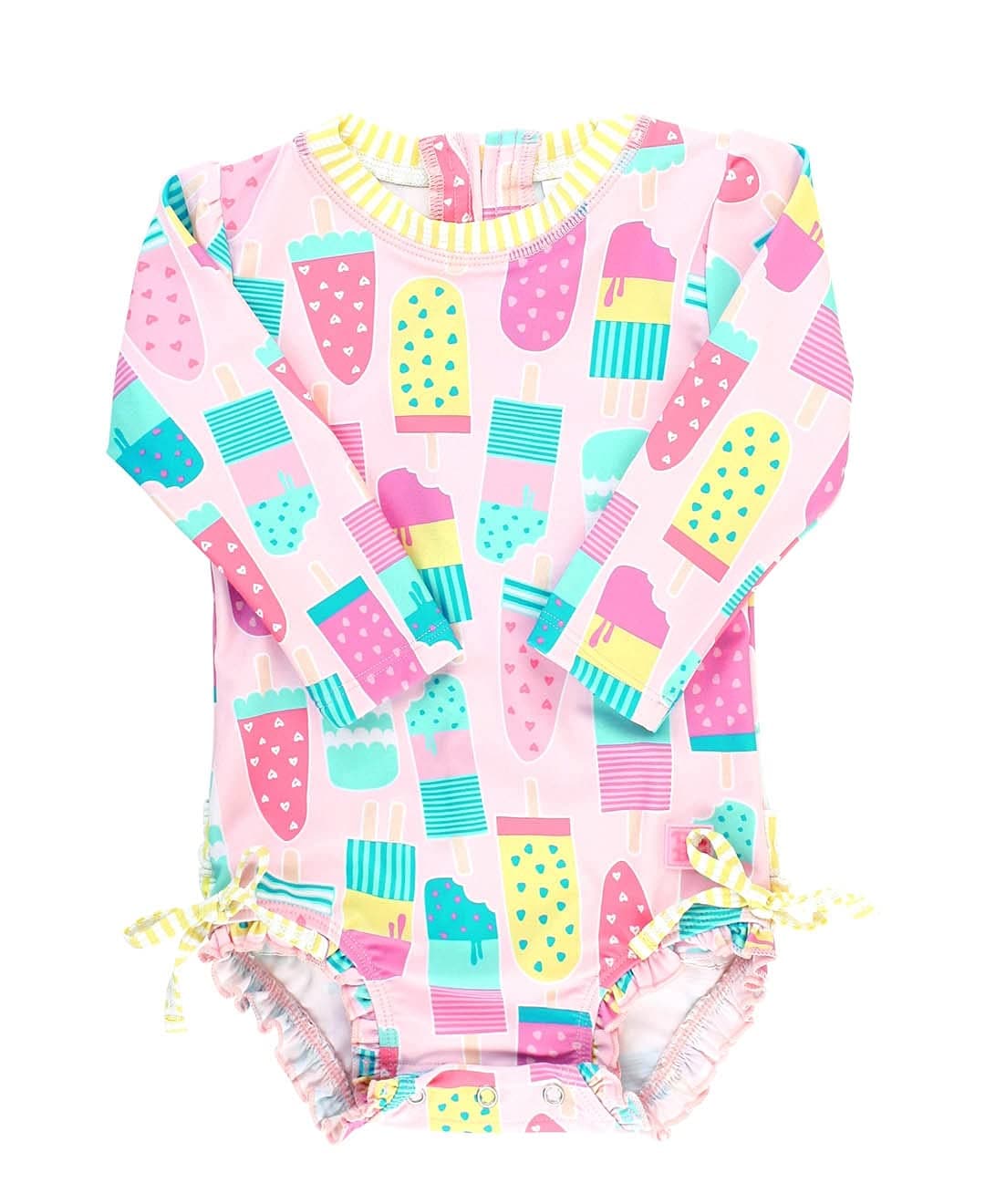 RuffleButts Baby Girls UPF 50+ Sun Protection Novelty Print Long Sleeve One Piece Rash Guard Swimsuit with Zipper - Ice Cream Social, 6-12m