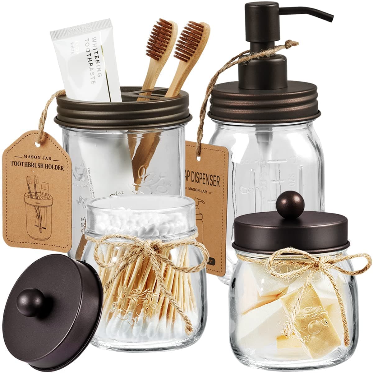 Amolliar Mason Jar Bathroom Accessories Set 4 Pcs Lotion Soap Dispenser 2 Cotton Swab Holder Toothbrush HolderRustic Farmhouse Decor Countertop Vanity Organize Bathroom Home Decor Bronze