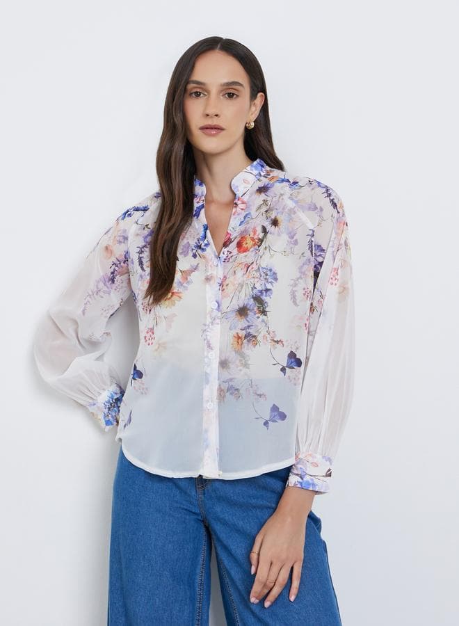 Styli Floral Print Balloon Sleeve Blouse